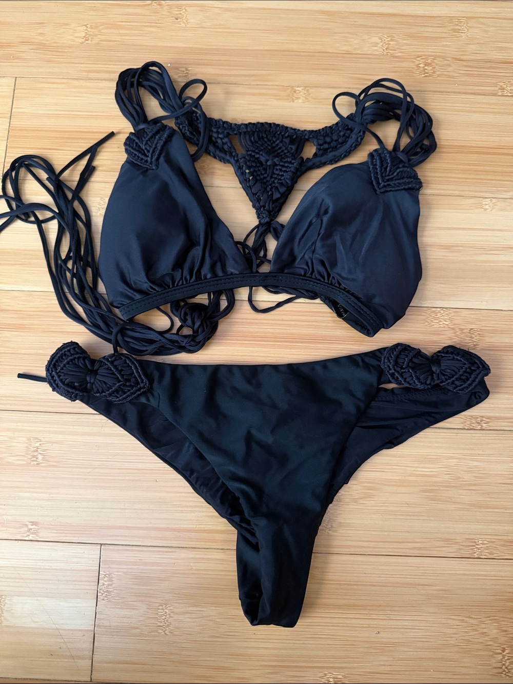 Black Macrame-Detail Triangle Bikini Set